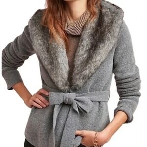 Anthropologie Ett:Twa Faux Fur Trim Tie Waist Wool Cardigan Jacket‎ Gray Small